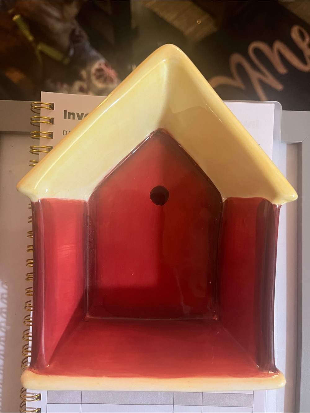 Ceramic Birdhouse Decorative Dish in Red and Yellow 119
